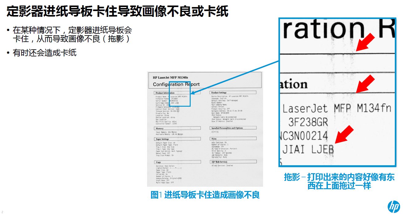 HP LaserJet M134n/fn 打印机拖尾卡纸修复：定影进纸导板卡住调整方法-卓盛打印机网