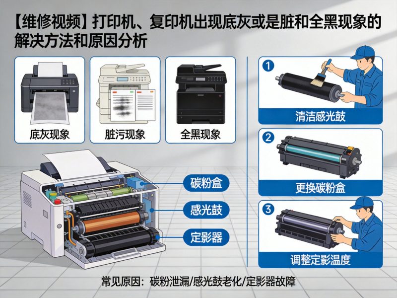 【维修视频】打印机、复印机出现底灰或是脏和全黑现象的解决方法和原因分析