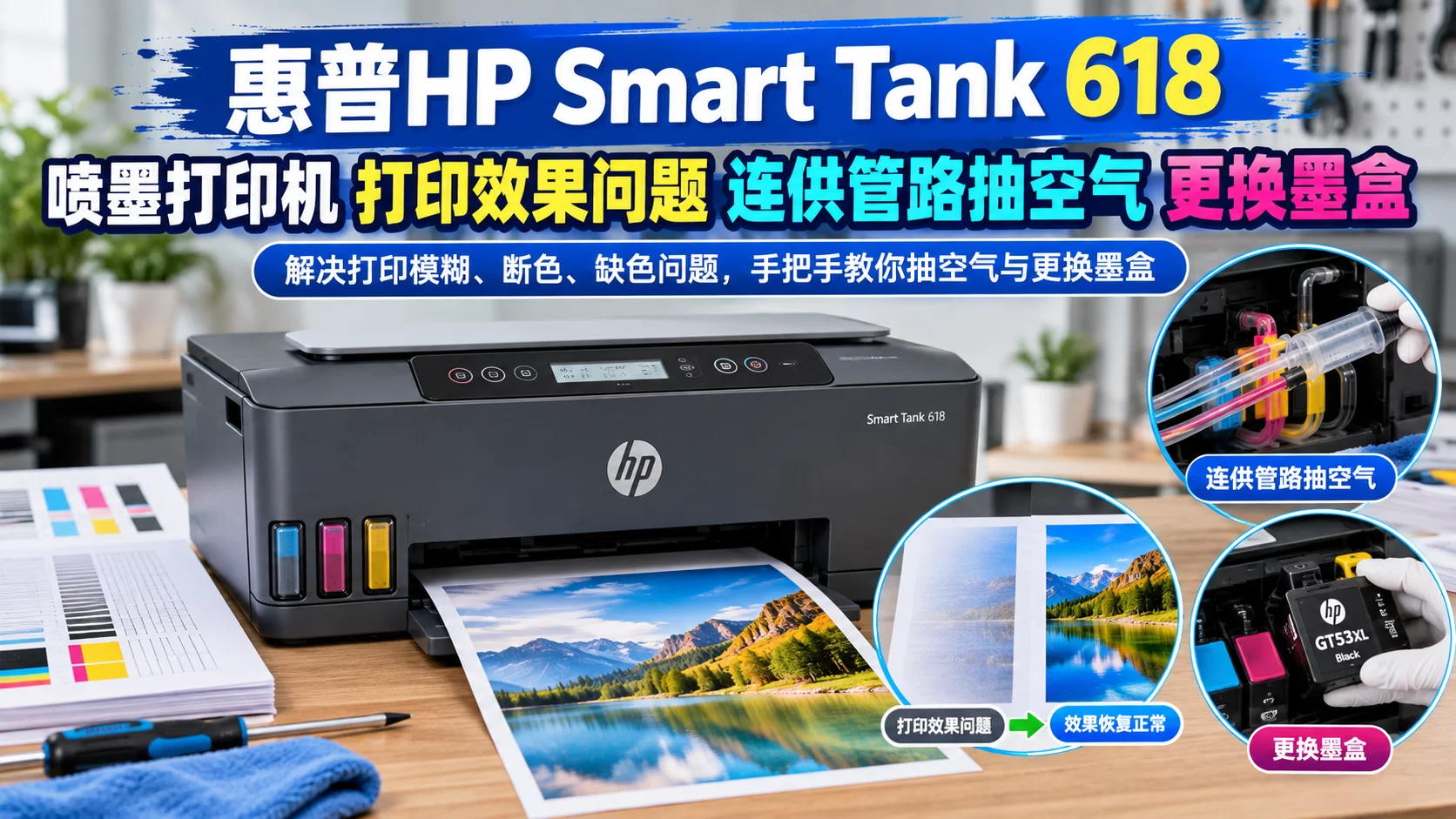 【维修案例】惠普HP Smart Tank 618 喷墨打印机 打印效果问题 连供管路抽空气 更换墨盒-卓盛打印机网