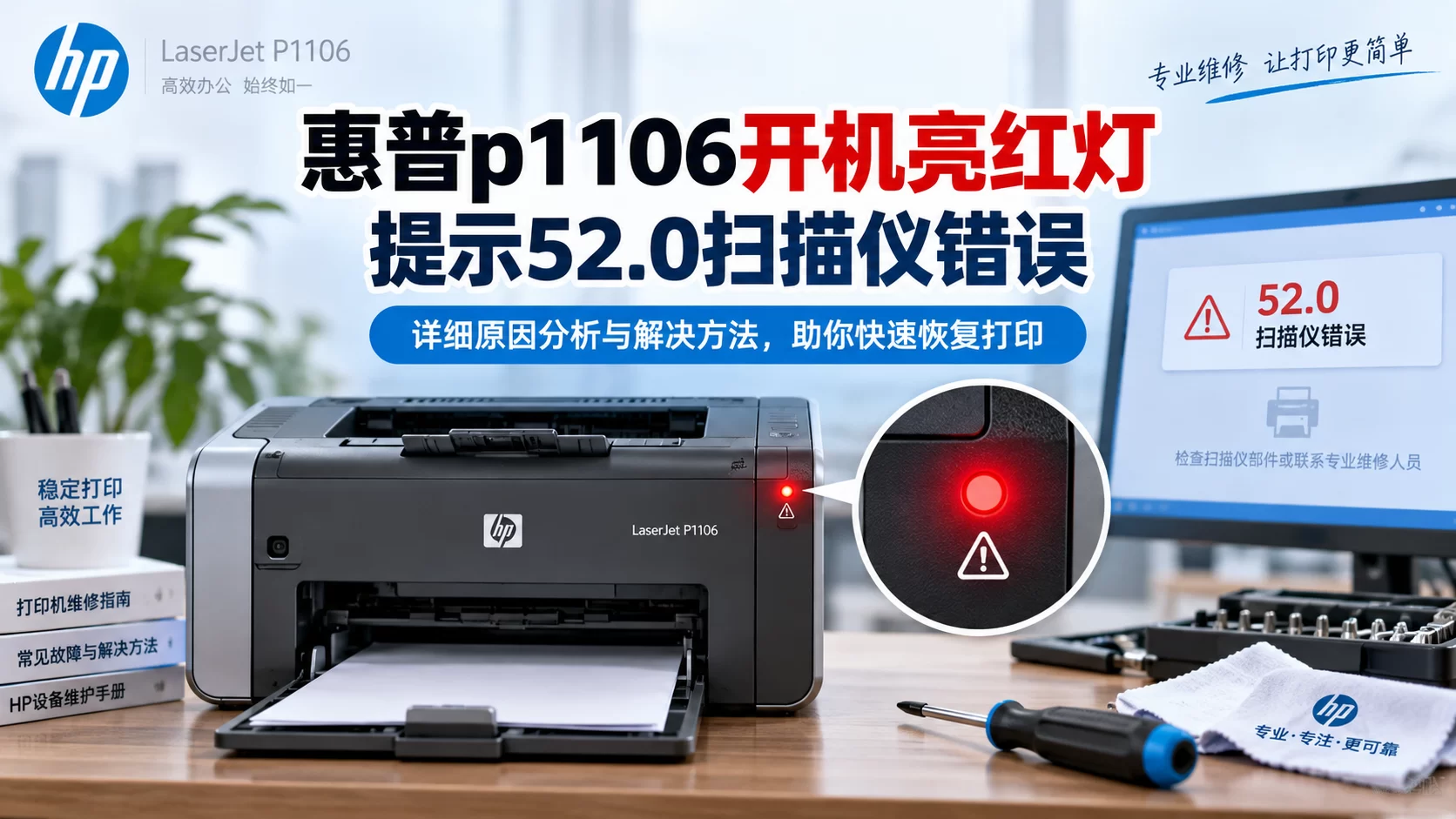 【维修案例】惠普p1106开机亮红灯 提示52.0扫描仪错误-卓盛打印机网